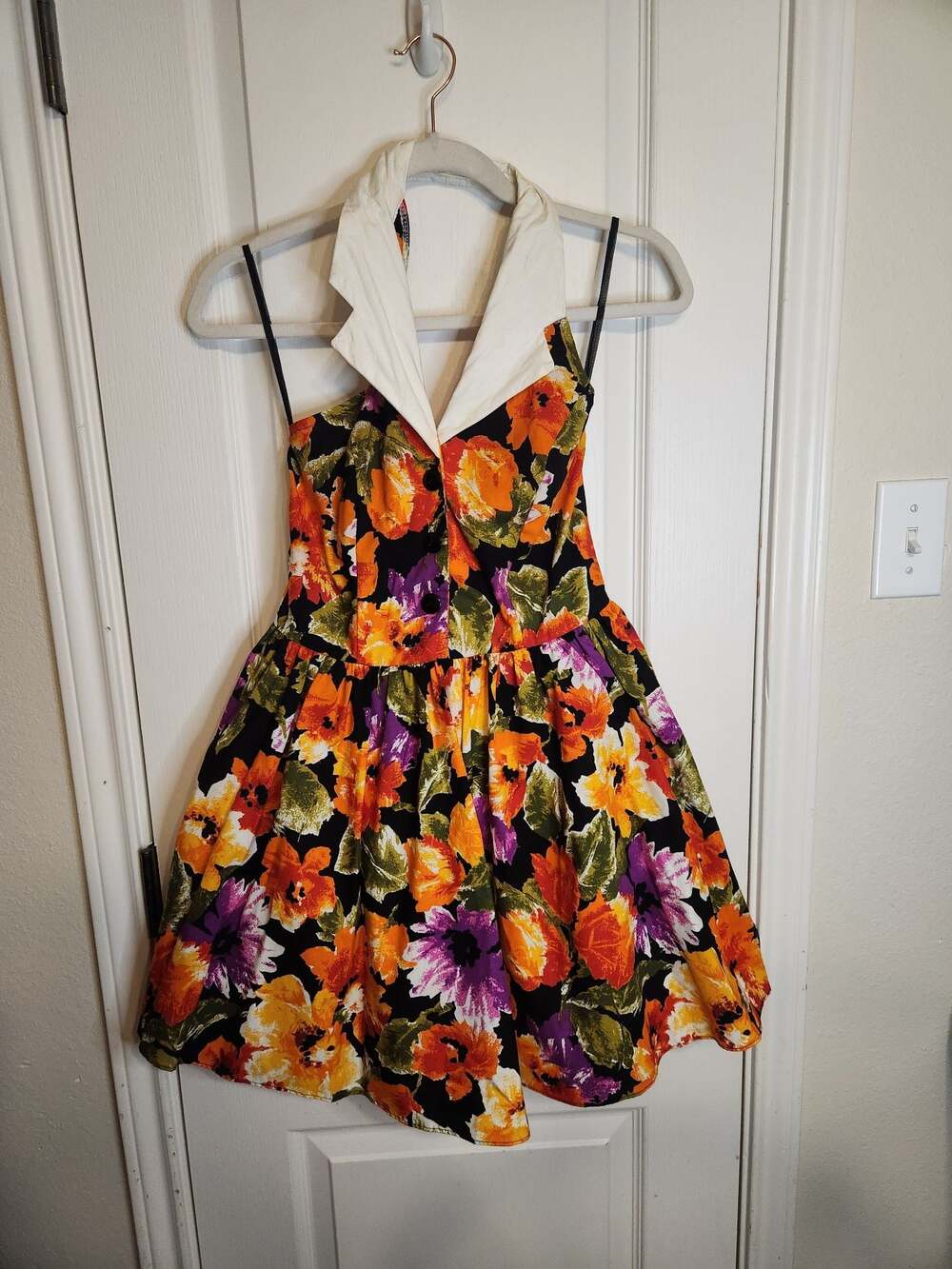 Matik Vintage 1990s Floral Cotton Halter Mini Dress with Collar